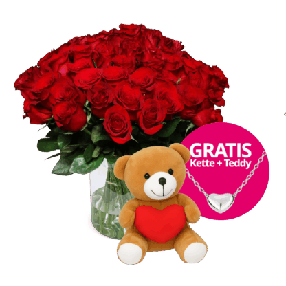 50 rote Rosen + GRATIS Herzteddy und Kette*