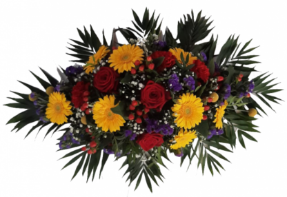 Buntes Grabgesteck mit roten Rosen und gelben Germenis*