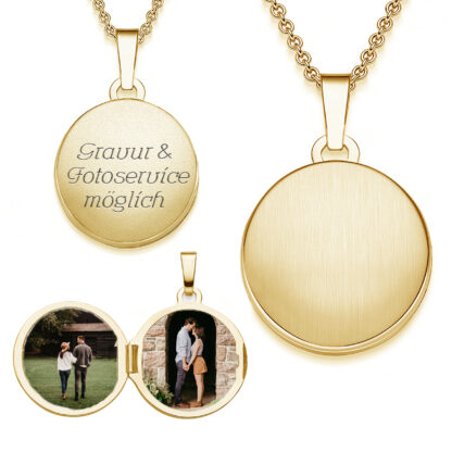 Damen Medaillon rund zum Öffnen für Bilder in Gold (Silber 925 Gelbgold vergoldet) von Amoonic I Foto Upload Service & Gravur I Rundes Medallion aufklappbar, gravierbar mit Kette für Frauen Mama Freundin*