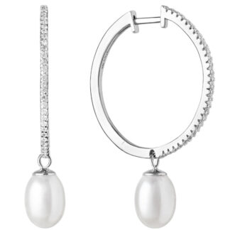 Eleganter Perlenohrring (Creolen) weiß oval 7.5-8.5 mm, Zirkonia, 925er Silber, Gaura Pearls, Estland*