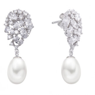Eleganter Perlenohrring hängend weiß oval 9-9.5 mm, Zirkonia, 925er Silber, Gaura Pearls, Estland*