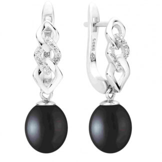 Eleganter Perlenohrring oval schwarz oval 8-8.5 mm, Zirkonia, engl. Verschluss, 925er Silber, Gaura Pearls*