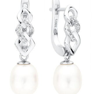 Eleganter Perlenohrring oval weiß oval 8-8.5 mm, Zirkonia, engl. Verschluss, 925er Silber, Gaura Pearls*