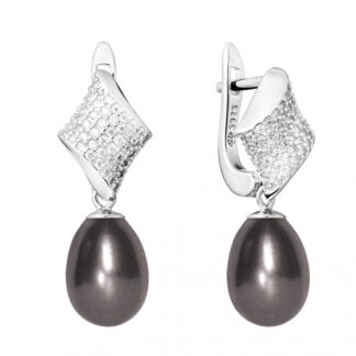 Eleganter Perlenohrring schwarz oval 8-8.5 mm, Zirkonia, Englischer Verschluss, Gaura Pearls, Estland*