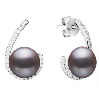 Eleganter Perlenohrstecker schwarz rund 9-10 mm, Zirkoniabogen, 925er Silber, Gaura Pearls, Estland*