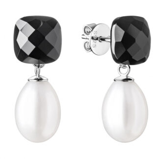 Eleganter Perlenohrstecker weiß oval 8.5-9 mm, Onyx schwarz, 925er Silber Sich.verschluss, Gaura Pearls, Estland*
