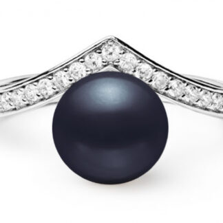 Eleganter Ring mit schwarzer Perle 7.5-8 mm in V-förmiger Zirkonia-Einfassung, 925er, Gaura Pearls, Estland*