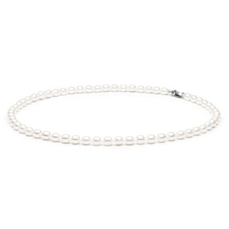 Gaura Pearls Perlenkette - weiß, oval, 6 mm, 45 cm, 925 Silber, rhodiniert*