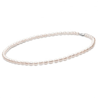 Gaura Pearls Perlenkette - weiß, oval, 6 mm, 50 cm, 925 Silber, rhodiniert*