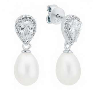 Gaura Pearls Perlenohrstecker - weiß, Oval, 7.5 mm, Zirkonia, 925 Silber*