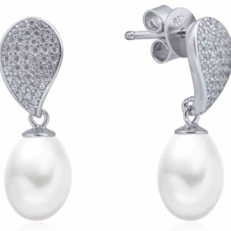 Gaura Pearls Perlenohrstecker - weiß, oval, 8 mm, Zirkonia, 925 Silber, rhodiniert*
