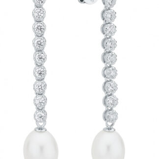 Gaura Pearls Perlenohrstecker - weiß, oval, Zirkonia, lang, 8 mm, 925 Silber, rhodiniert*