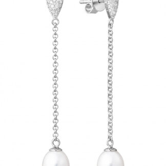 Gaura Pearls Perlenohrstecker - weiß, oval, hängend, lang, 8 mm, Zirkonia, 925 Silber, rhodiniert*