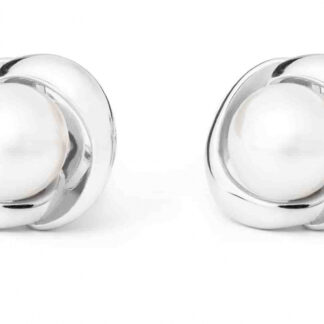 Gaura Pearls Perlenohrstecker - weiß, rund, Einfassung, 7,5 mm, 925 Silber, rhodiniert*