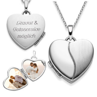 Herzkette mit Bild zum Aufklappen Medaillon Kette Silber mit Gravur Kette mit Namen für 2 Bilder Geburtstag Jahrestag Geschenk-Idee Freundin Schmuck*