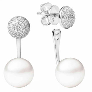 Kombinierter Perlenohrstecker weiß rund 8.5-9 mm, 2-tlg nutzbarer Zirkoniastecker, 925er Silber, Gaura Pearls, Estland*