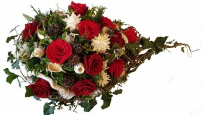 Modern und liebevolles Grabgesteck mit roten Rosen*