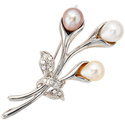 SIGO Brosche Blume 925 Sterling Silber 3 Süßwasser Perlen 13 Zirkonia Perlenbrosche*